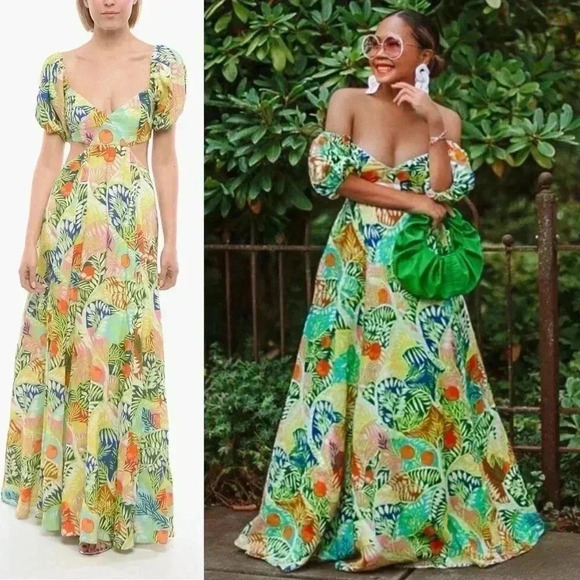 STAUD Coliseum Off-The-Shoulder Linen Tropical Print Dress Size 8 - Picture 5 of 16
